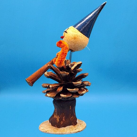 Vintage Bobblehead Elf Ornament Pinecone Body Spun Cotton Chenille Clarinet 50s - Picture 4 of 9